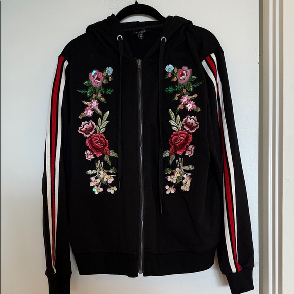 Lea & Viola Black Bomber Hooded Jacket with Floral Embroidery - Picture 1 of 3